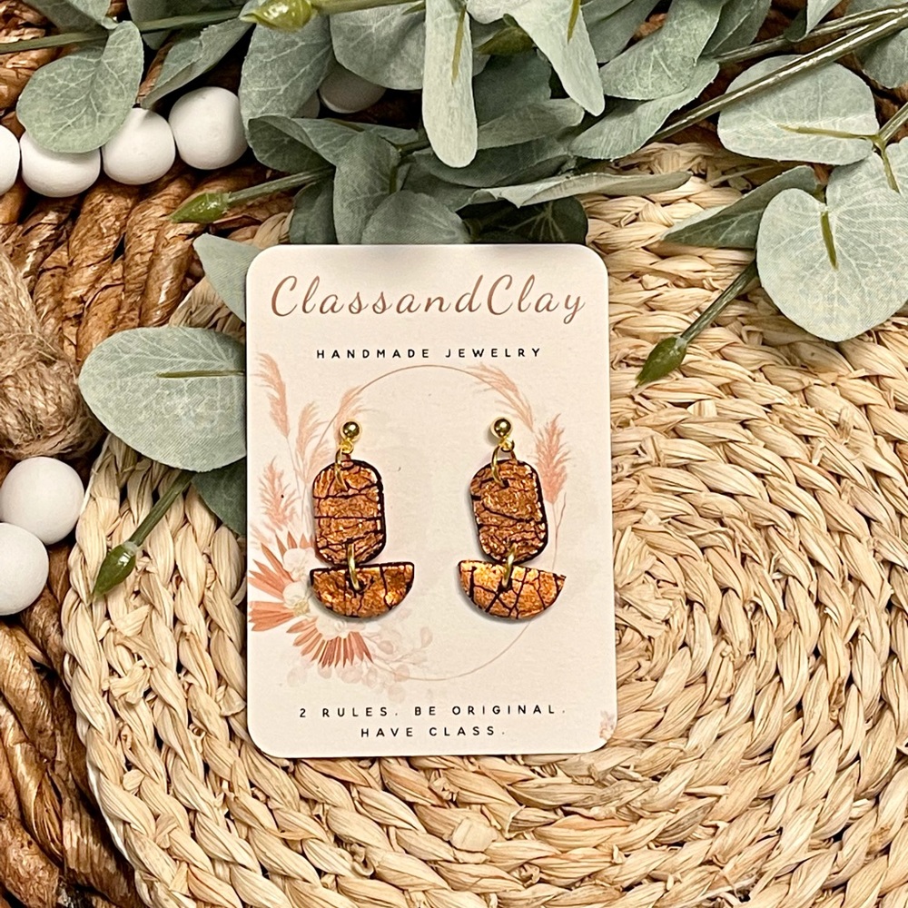 Handmade Polymer Clay Stud dangle earrings -  Rose Gold Foil Crackle